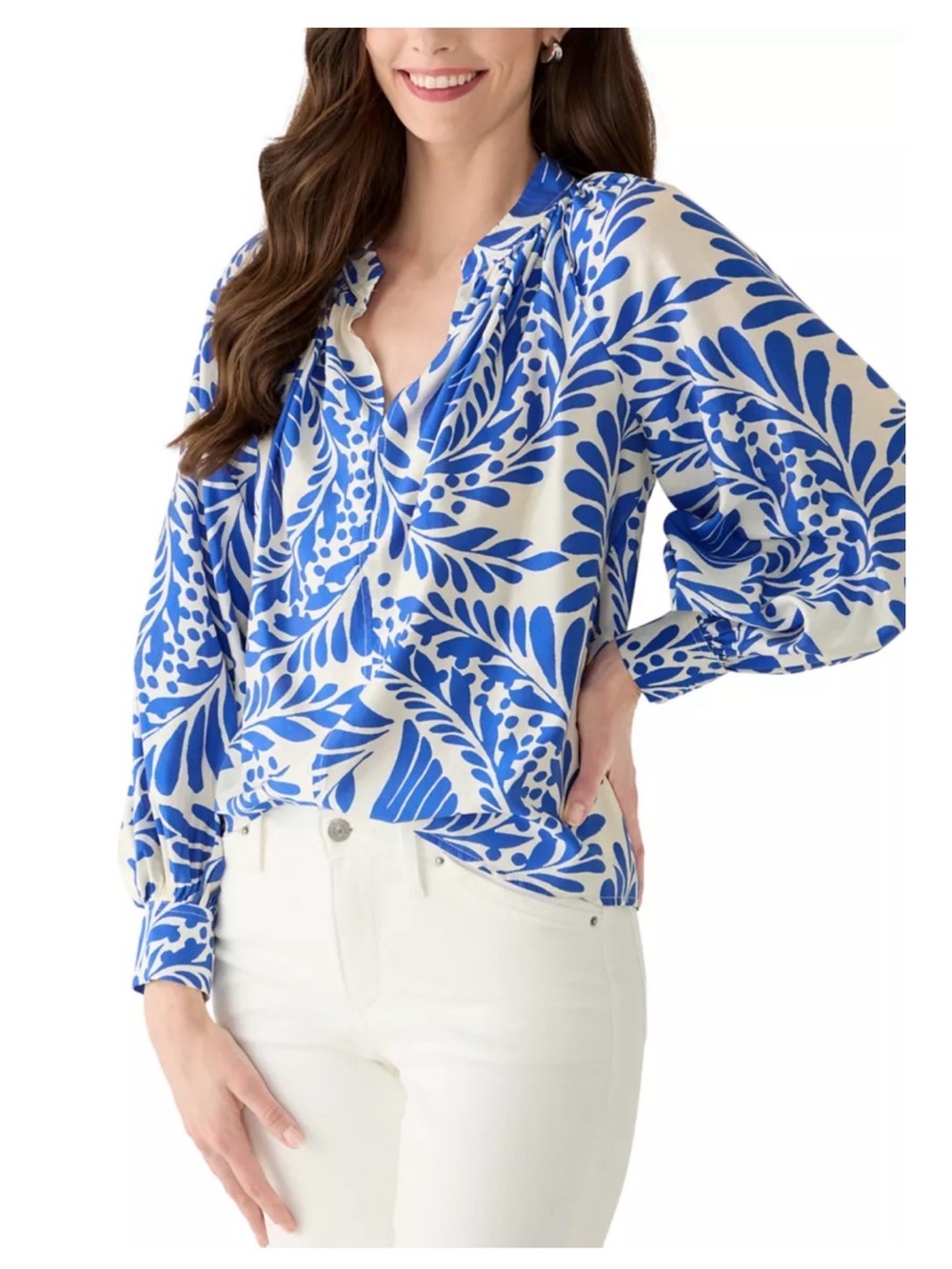H&M Blue and White Floral V-Neck Button-Front Tunic